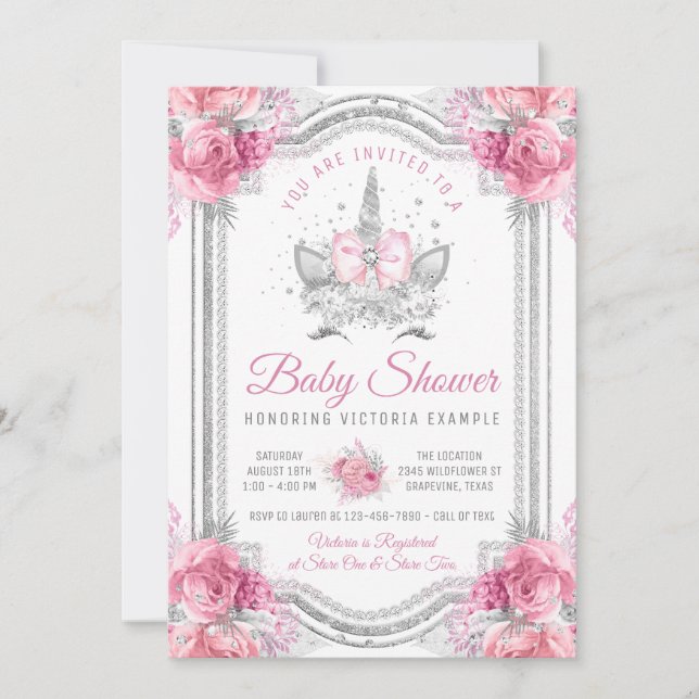 Rosa Grått Silver Diamond Unicorn Baby Shower Inbjudningar (Framsida)