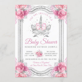 Rosa Grått Silver Diamond Unicorn Baby Shower Inbjudningar