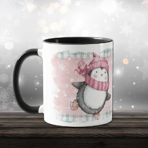 Rosa Grått Snowflake Penguin Helgdag Mugg