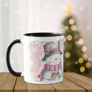 Rosa Grått Snowflake Snögubbe Helgdag Mugg