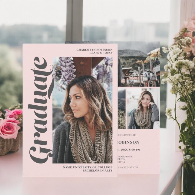  rosa grått student-skriptfoto studenten inbjudningar (Blush pink gray graduate script photo graduation invitation)