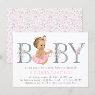 Rosa grått tuta pärlor babyflicka shower-inbjudnin inbjudningar