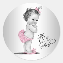 Rosa Grått Vintage Flickig Bebis Baby Shower Runt Klistermärke