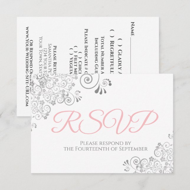 Rosa Grått & Vita Eleganten Silver Snöre Bröllop OSA Kort (Fram/baksida)