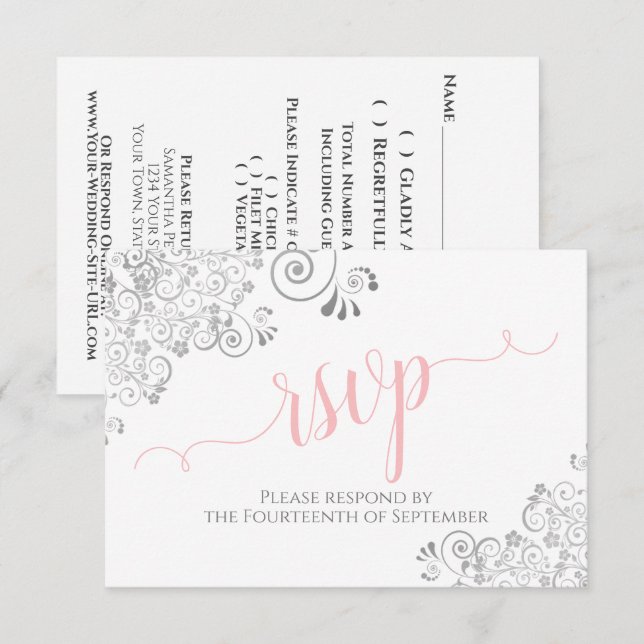 Rosa Grått & White Elegant Calligraphy Bröllop OSA Kort (Fram/baksida)