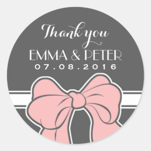 Rosa Grått White Ribbon Bow Wedding Favor Sticker Runt Klistermärke