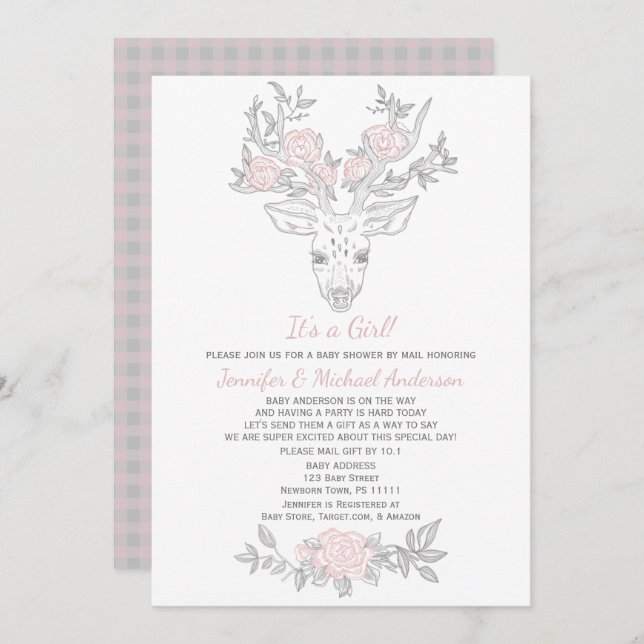 Rosa Grått Woodland Girl Hjort Baby Shower by Mail Inbjudningar (Fram/baksida)
