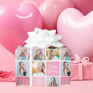 Rosa Grattis på födelsedagen Girl Photo Collage Cu Presentpapper