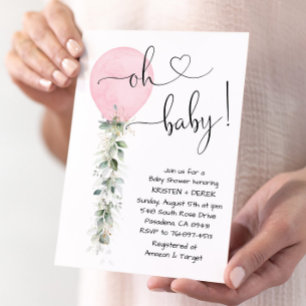 Rosa Greenery Balloon Baby Shower Inbjudningar