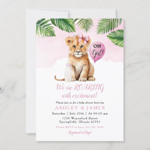 Rosa Greenery Girl Lejon Safari Baby Shower Bow ti Inbjudningar
