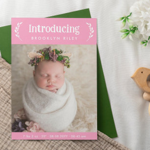 Rosa Greenery introducerar Nyfödd bebis Girl Photo Meddelande