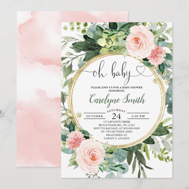  Rosa Greenery Oh Flicka Baby Shower Inbjudningar (Fram/baksida)