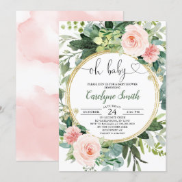 Rosa Greenery Oh Flicka Baby Shower Inbjudningar