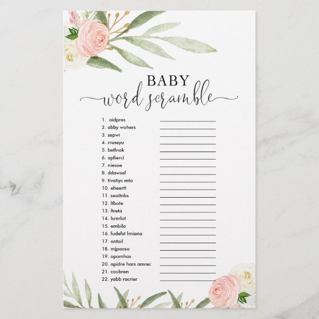 rosa greenery vid babyduschspel i baby ord (Framsida)