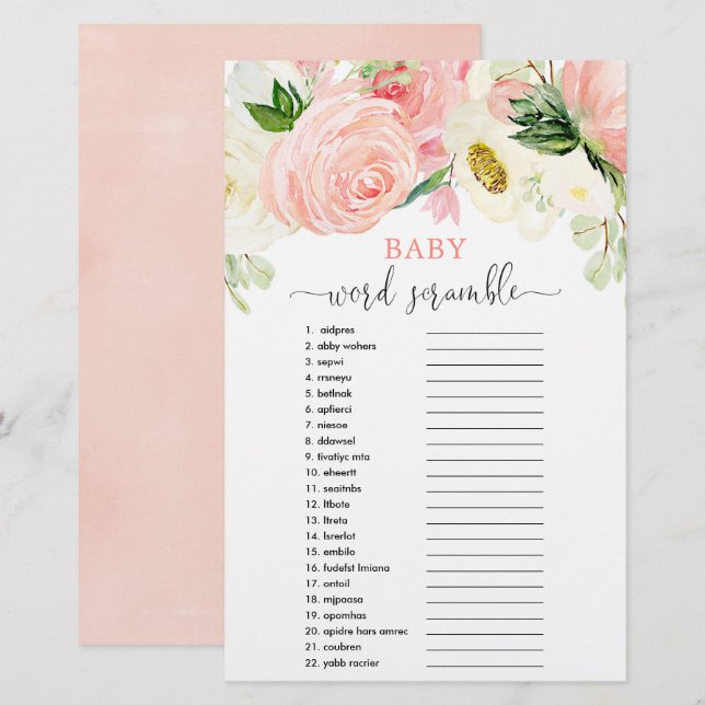 rosa greenery vid babyduschspel i baby ord (Fram/baksida)
