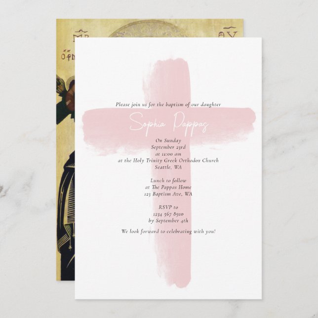  Rosa Grekisk-ortodox Christening Girl Baptism Inbjudningar (Fram/baksida)