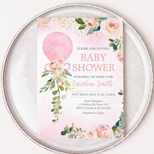 Rosa Grey Blommigt Balloon Baby Shower Inbjudningar