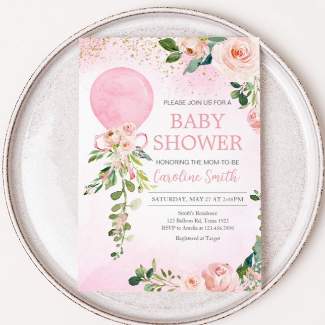 Rosa Grey Blommigt Balloon Baby Shower Inbjudningar (Pink Floral Greenery Balloon Baby Shower Invitation
)