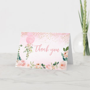 Rosa Grey Blommigt Balloon Baby Shower Tack Kort