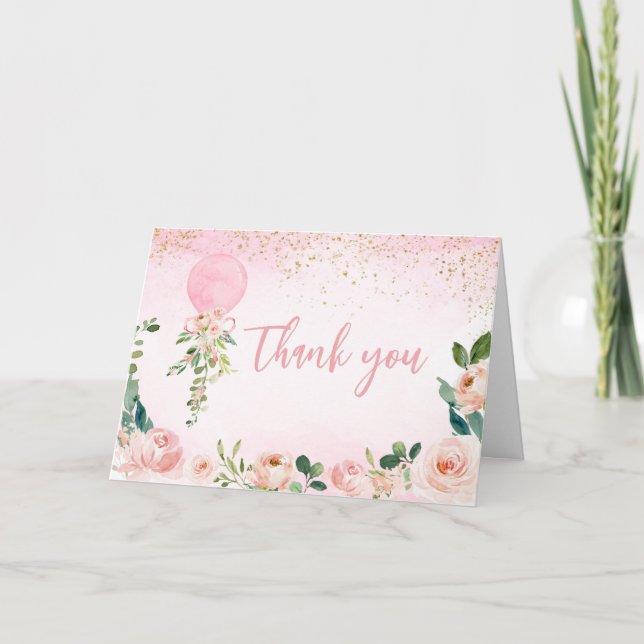 Rosa Grey Blommigt Balloon Baby Shower Tack Kort (Framsida)
