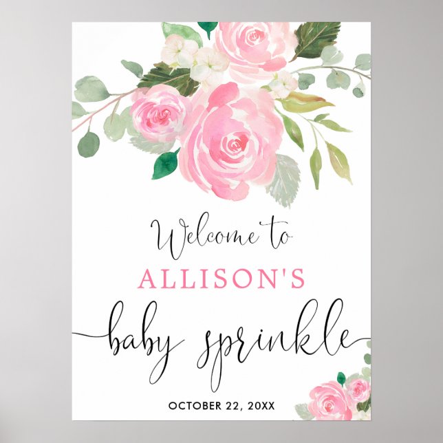 Rosa Grey blommigt flicka baby sprinkle Welcome Poster (Framsidan)