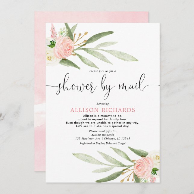 Rosa Grey guld babydusch av brevflicka Inbjudningar (Fram/baksida)