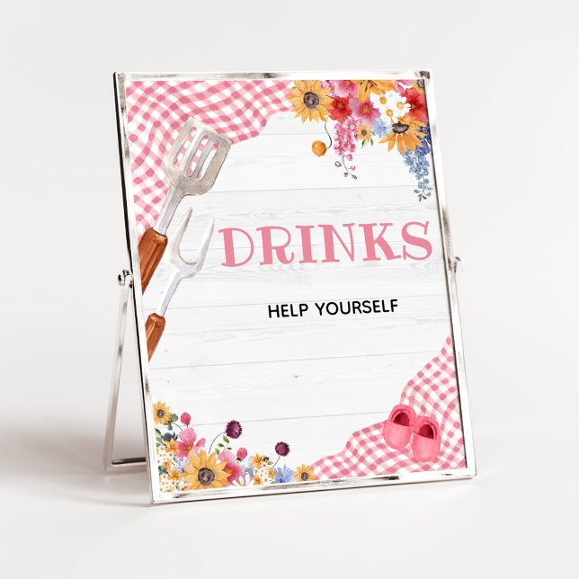 Rosa Grillbabyfest Dryckeskylt Poster (Girl Baby-Q Baby Shower Drinks Sign)