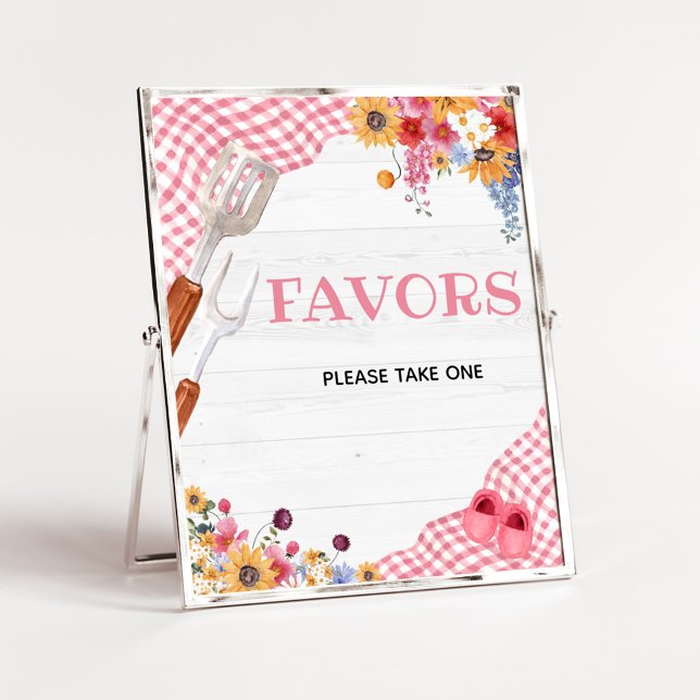 Rosa grillbabyfestförmånsskylt poster (Girl Baby-Q Baby Shower Favors Sign)