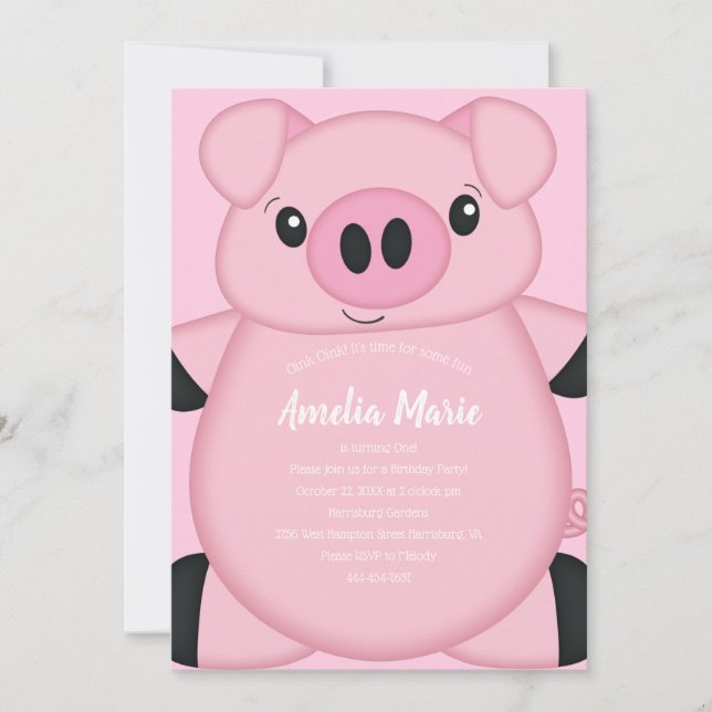 Rosa Gris Födelsedagsfest Inbjudningar (Framsida)