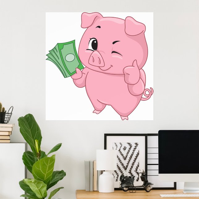 Rosa gris som håller kontanter och ger tummen upp poster (Skapare uppladdad)
