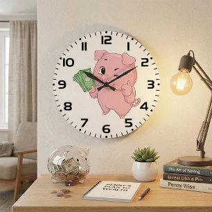 Rosa gris som håller kontanter och ger tummen upp stor klocka
