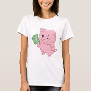 Rosa gris som håller kontanter och ger tummen upp t shirt