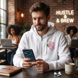 Rosa gris som håller kontanter och ger tummen upp t shirt