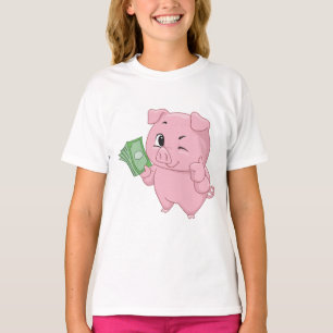 Rosa gris som håller kontanter och ger tummen upp t shirt