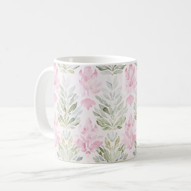 Rosa Grön Abstrakt Blommig Kaffemugg (Framsida vänster)