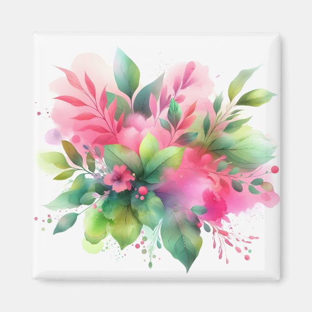Rosa Grön Akvarell Botanisk Blomning Magnet (Framsidan)
