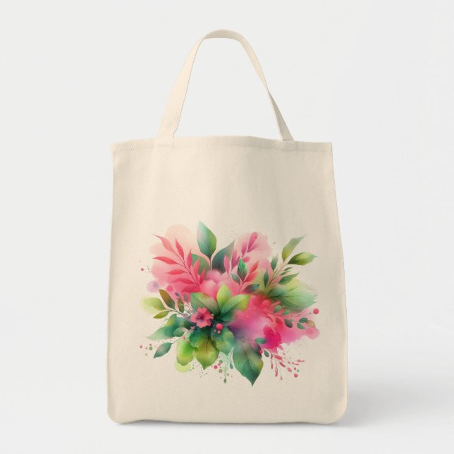 Rosa grön akvarell botanisk blomning tygkasse (Framsidan)