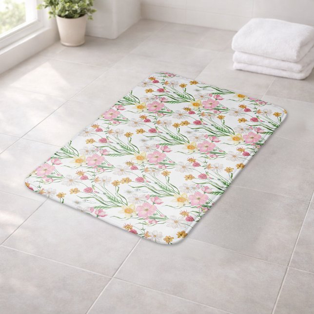 Rosa Grön Akvarell Vildblomma Badrumsmatta (Pink Green Watercolor Wildflower Floral Bath Mat)