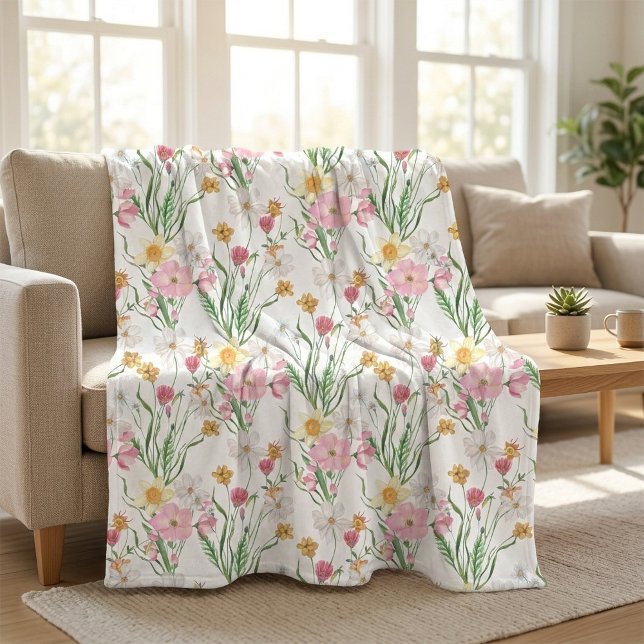Rosa Grön Akvarell Vildblomma Fleecefilt (Pink Green Watercolor Wildflower Floral Fleece Blanket)