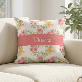 Rosa grön akvarell vildblomma monogramnamn kudde