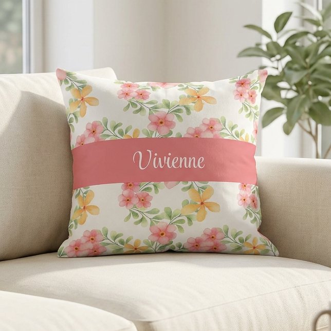 Rosa grön akvarell vildblomma monogramnamn kudde (Pink Green Watercolor Wildflower Monogram Name Throw Pillow)