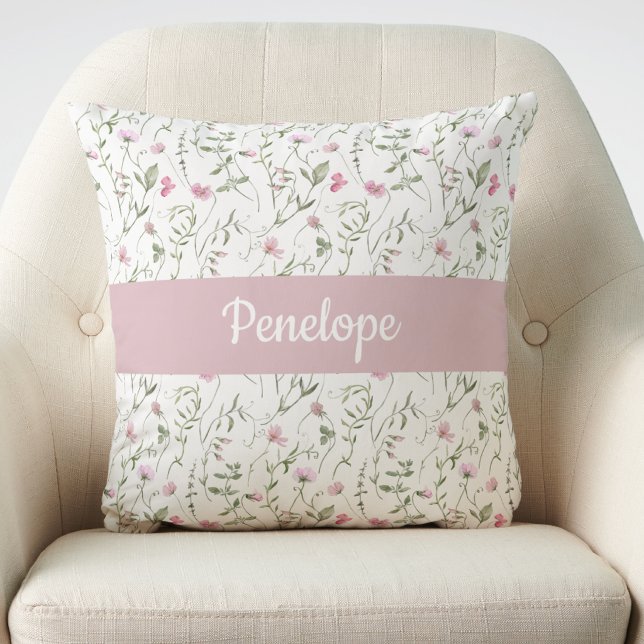 Rosa grön akvarell vildblomma monogramnamn kudde (Skapare uppladdad)