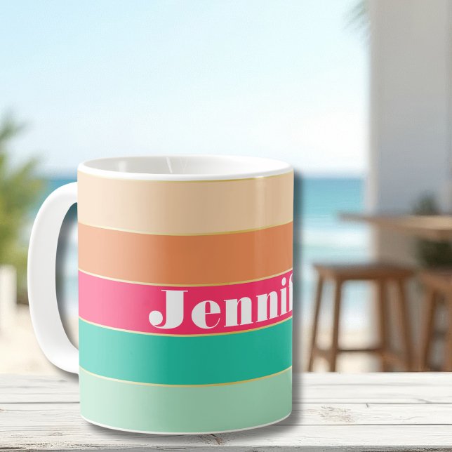 Rosa Grön Anpassad Sommar Färgblock Ränder Kaffemugg (Skapare uppladdad)