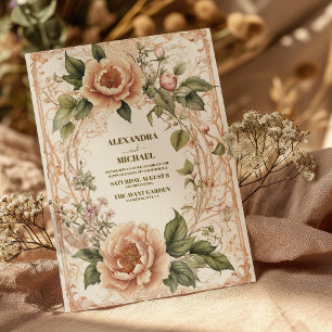 Rosa Grön Art Nouveau Blommig Bröllop Inbjudningar