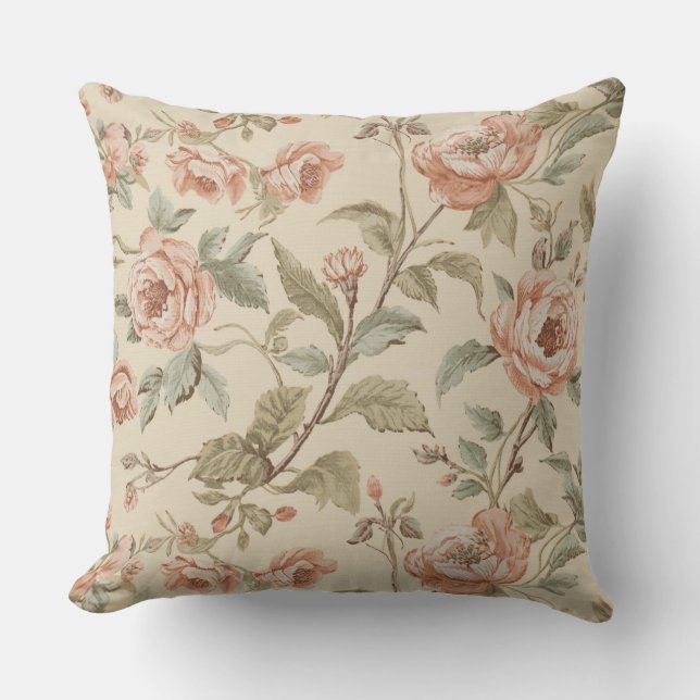 Rosa Grön Beige Shabby Chic Blommig Kudde (Framsida)