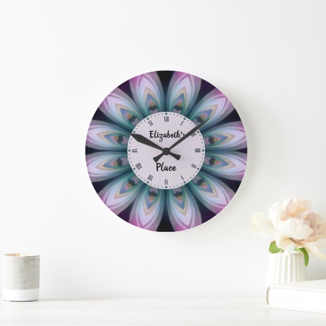 Rosa & Grön Blomma Mandala  Stor Klocka (Hem)