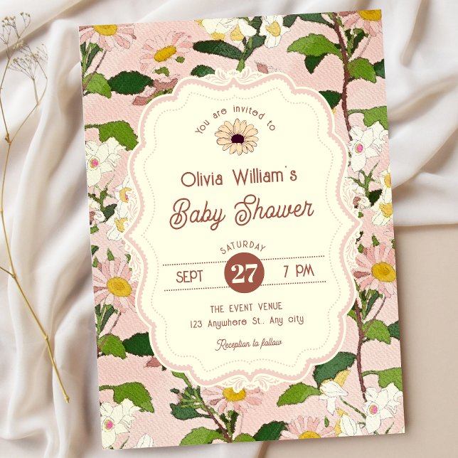 Rosa grön blommande baby shower inbjudningar (Skapare uppladdad)