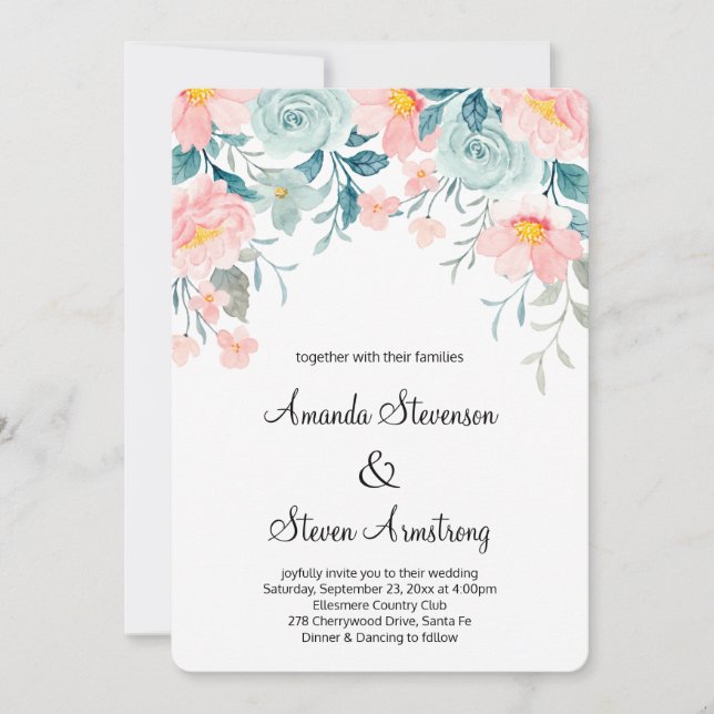 Rosa & Grön Blommig Kant Elegant Bröllop Inbjudningar (Framsida)