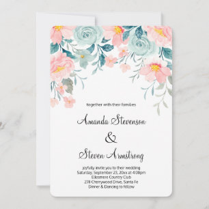 Rosa & Grön Blommig Kant Elegant Bröllop Inbjudningar