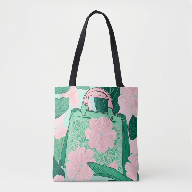 Rosa & Grön Blommig Trompe L'oeil Handväska Illusi Tygkasse (Framsida)